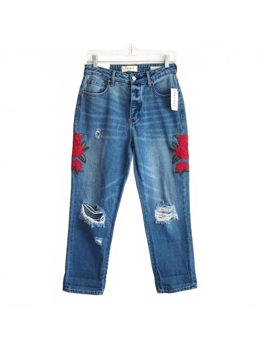 Pacsun Rose Embroidered Skinny Mom Jeans NWT Coco Blue Size 26